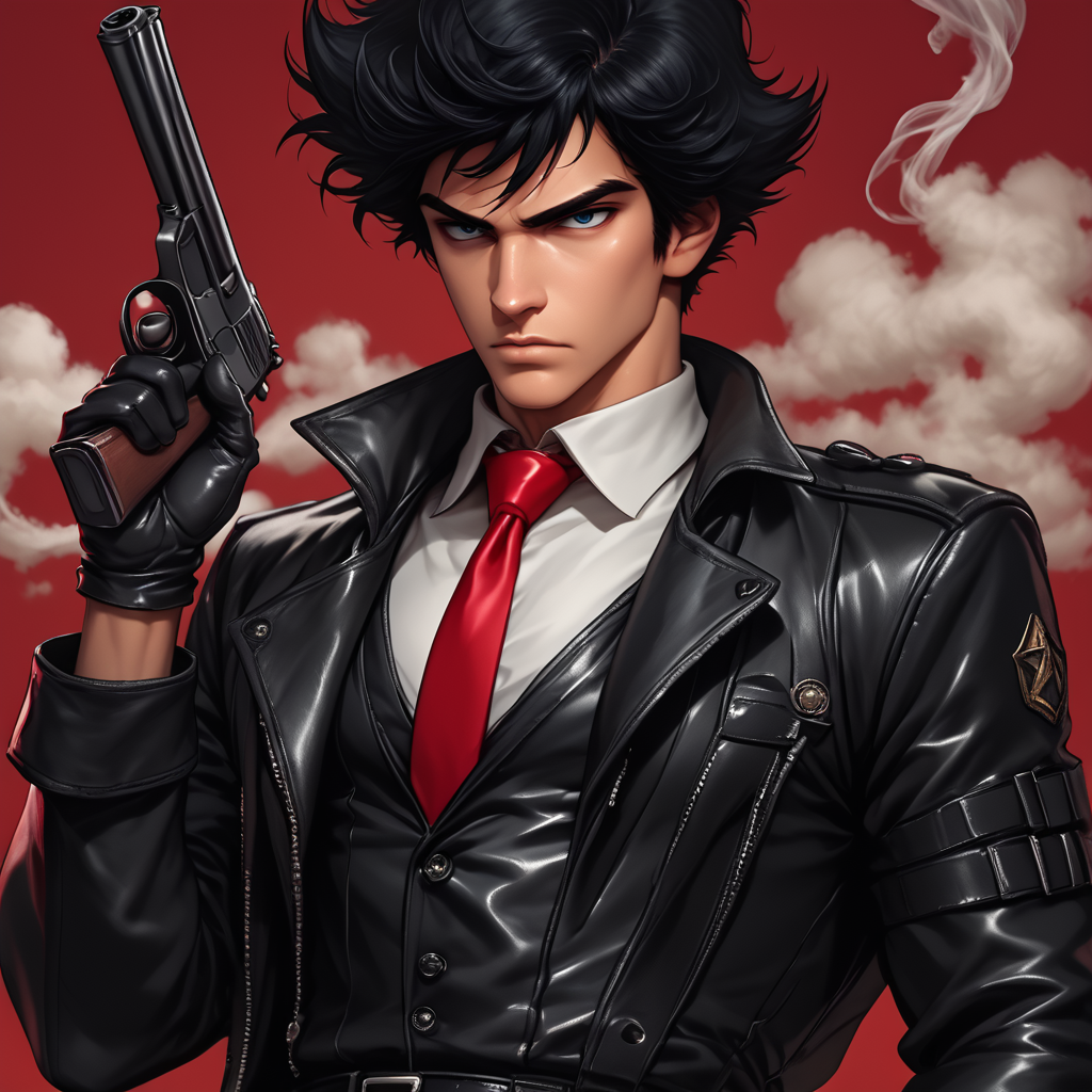 core_9, score_8_up, score_7_up, score_6_up,  <lora:Ars_Niji_Style_Pony:1> ArsNijiStyle, Spike Spiegel, The image is an illustration of a young man holding a gun. He is wearing a black leather jacket and a red tie. His hair is styled in a messy spiky manner and he has a serious expression on his face. The background is a solid red color and there is a hint of smoke coming out of the gun. The overall style of the illustration is cartoon-like and the overall mood of the image is serious and intense., 1boy, weapon, solo, gun, male focus, necktie, black hair, gloves, handgun, blue eyes