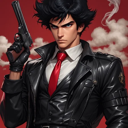 core_9, score_8_up, score_7_up, score_6_up, <lora:Ars_Niji_Style_Pony:1> ArsNijiStyle, Spike Spiegel, The image is an illustration of a young man holding a gun. He is wearing a black leather jacket and a red tie. His hair is styled in a messy spiky manner and he has a serious expression on his face. The background is a solid red color and there is a hint of smoke coming out of the gun. The overall style of the illustration is cartoon-like and the overall mood of the image is serious and intense., 1boy, weapon, solo, gun, male focus, necktie, black hair, gloves, handgun, blue eyes