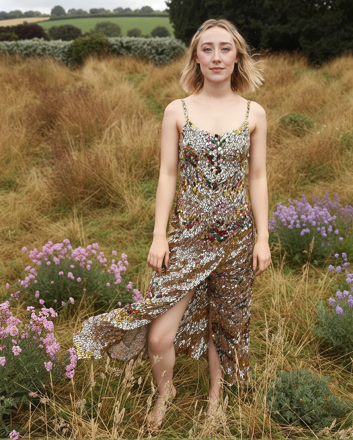 <lora:SaoirseRonan:1> realistic photo, full body photo, 1girl, Saoirse Ronan wearing a colorful sundress, standing in a field of flowers, dynamic standing pose, looking at the camera, eye contact, perfect composition  <lora:dmd2_sdxl_4step_lora_fp16:1>