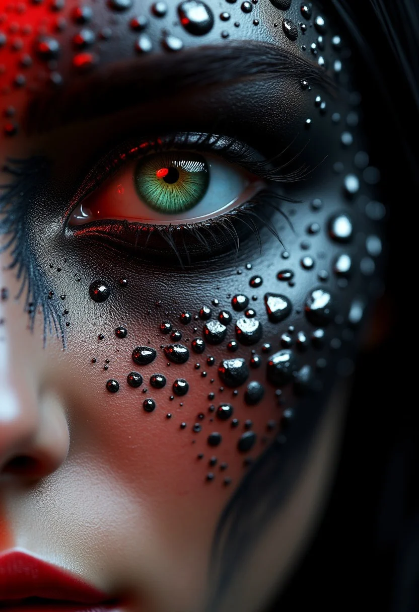 Woman, body art, hyper realistic eye, black, red, white, abstraction, sculpted, shading, porcelain skin, bold, 3D, UHD, multidimensional, deep fractal, rocco etched shapes, skin, dark, silver, close-up, intensity, green eyes
detailmaximizer