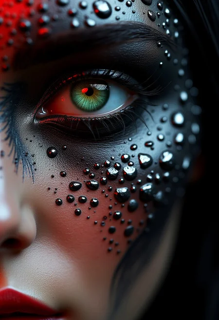 Woman, body art, hyper realistic eye, black, red, white, abstraction, sculpted, shading, porcelain skin, bold, 3D, UHD, multidimensional, deep fractal, rocco etched shapes, skin, dark, silver, close-up, intensity, green eyes
detailmaximizer