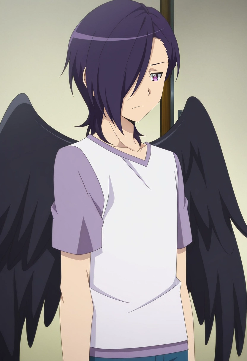 masterpiece, best quality, , anime screencap, anime coloring, official style,, 1boy, solo, male focus, <lora:hanzou_urushihara_ilxl:0.98>, hanzou_urushihara, purple hair, purple eyes, hair over one eye, short hair, black wings, ,