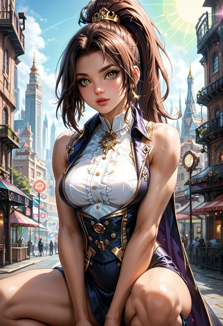 score_9, score_8, score_7, Freckled furry girl, captivating eyes glowing lime amidst swirling psychedelic patterns, crouching nimbly amidst the towering mirrored structures of a Steampunk cityscape. Her breast swelling beneath a sleeveless muscle shirt, her long brown shag cut hair cascading down her back into a high ponytail, a cape billowing around her petite frame. The city, alive with plantlife, watches in wonder as she gracefully moves, her actions hinting at a hidden, mysterious agenda.
