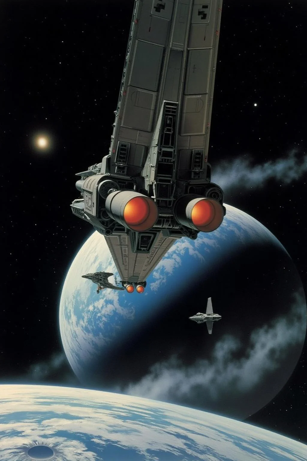 ralphmcq1 painting. A futuristic space scene featuring a massive starship with intricate mechanical details and glowing red engine thrusters, hovering over a large, icy planet with swirling clouds. A smaller, sleek spaceship is seen in the middle ground, moving towards the planet. The deep black space background is dotted with distant stars and a small moon. The perspective is dramatic, emphasizing the scale of the massive ship above, creating a sense of depth and grandeur. The art style is highly detailed and cinematic, with realistic lighting and textures. <lora:ralphmcq_cap_d6a3:1.0><lora:830327615094148247:0>