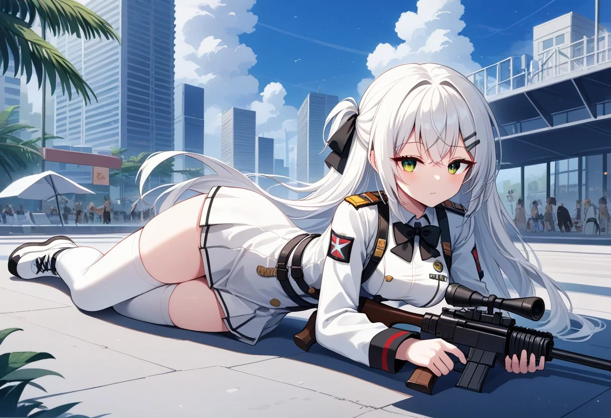 outdoors, sit down, green eyes, urban area,lying down on her stomach,snipe position, thighhighs, half eye closed,her face closer to the gun,left eye on gun perisscope, white haired girl, strip hair clips, white sniper uniform outfit,full body shot,bowtie ribbon,green eyes,ribbon hair ornament,expresionless,sniper elite girl on vacation,IWS 2000 sniper riffle
