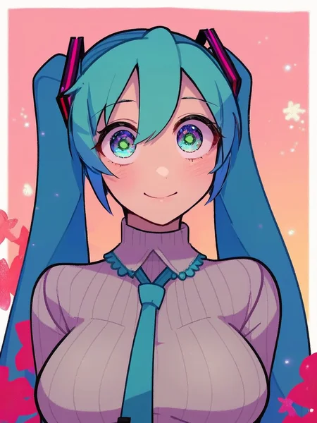 portrait, [:(score_4_up:0.25):0.65], [score_9_up:score_6_up:0.35], [:anime:0.4], portrait, detail face, large eyes, woman standing, ((hatsune miku)),    
medium breasts, sweater, skirt, motherly, [:photorealism:0.5]