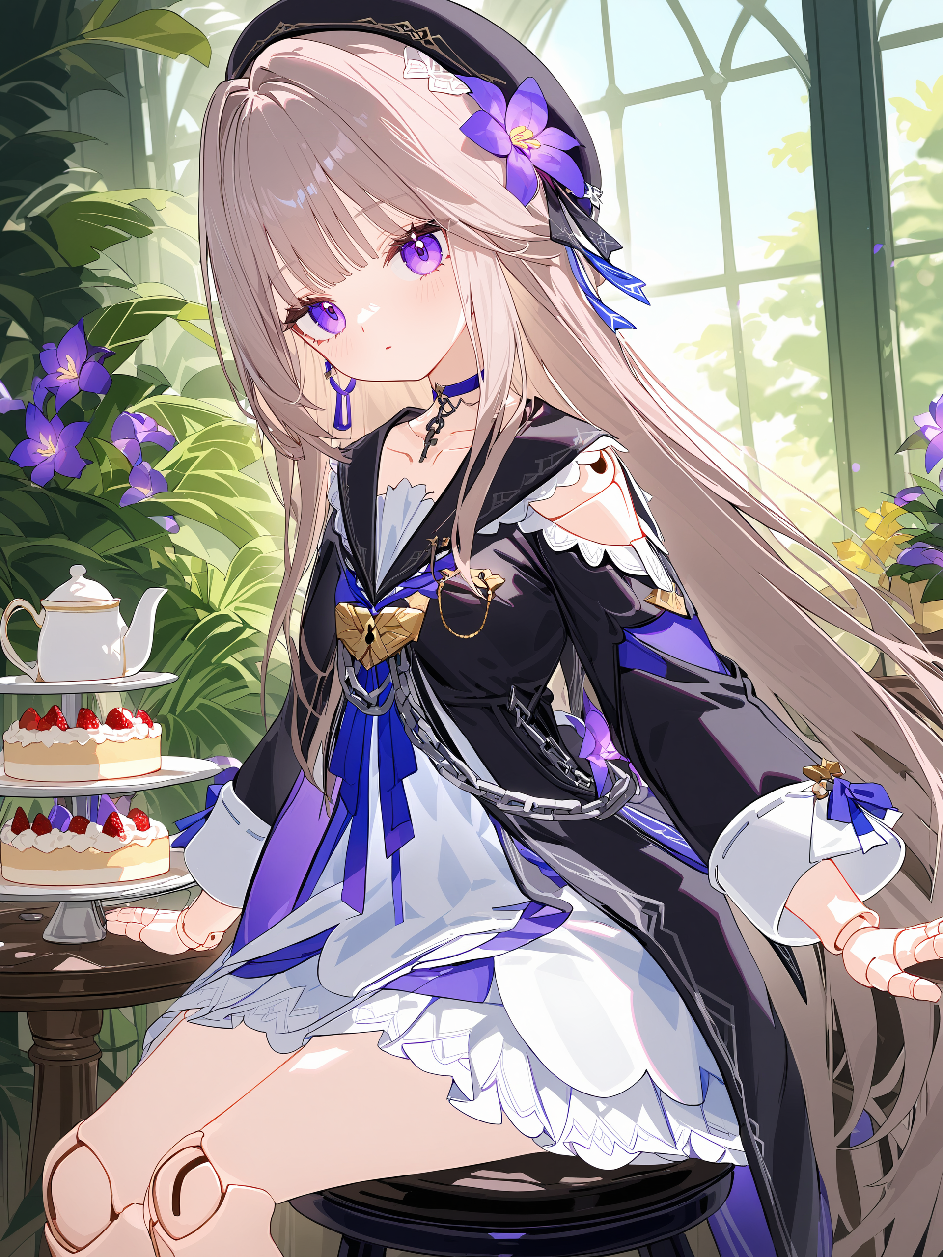 illustration, incredibly absurdres, ultra detailed, masterpiece, best quality, perfect features, intricate details, ray tracing, very aesthetic, [<lora:XL-detailed_notrigger:0.95>::0.5],  <lora:Char-HonkaiSR-Herta-V4-SDXL:1:hr=0.6>, 1girl, solo, herta \(honkai: star rail\), doll joints, aged down, beret, hair flower, white dress, black sailor dress, key choker, chain, shoulder cutout, sitting, looking at viewer, head tilt, stool, conservatory, cake, teapot, table, flower, tree, sunbeam, depth of field