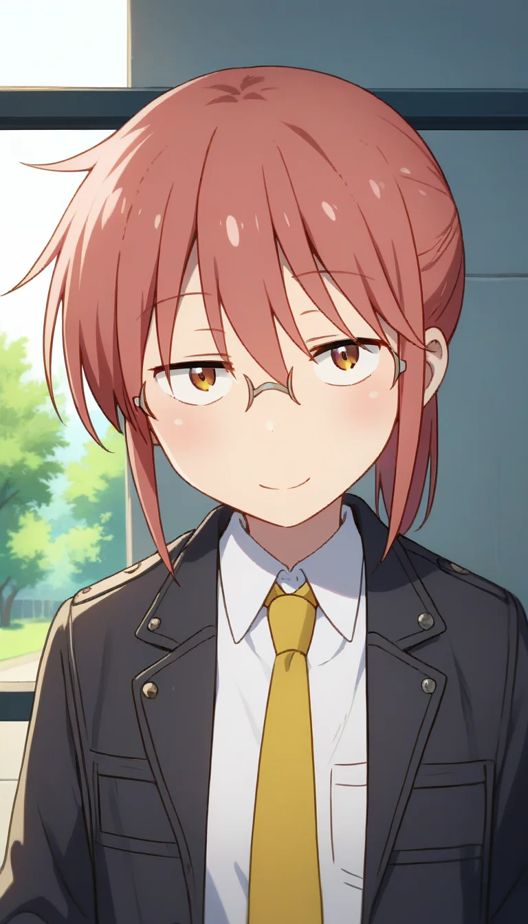 score_9,score_8_up,score_7_up,score_6_up BREAK official art,solo,outdoors,upper body,(portrait:1.5),looking at viewer,facing viewer,smile,blush,Kobayashi,long hair,red hair,short ponytail,sidelocks,hair between eyes,bangs,brown eyes,glasses,black jacket,Blazer,pocket,yellow necktie,collared shirt,white shirt,long sleeves,small breasts,black pants,leather footwear,brown footwear,<lora:Kobayashi(mkdm)-Pony:1.5>,