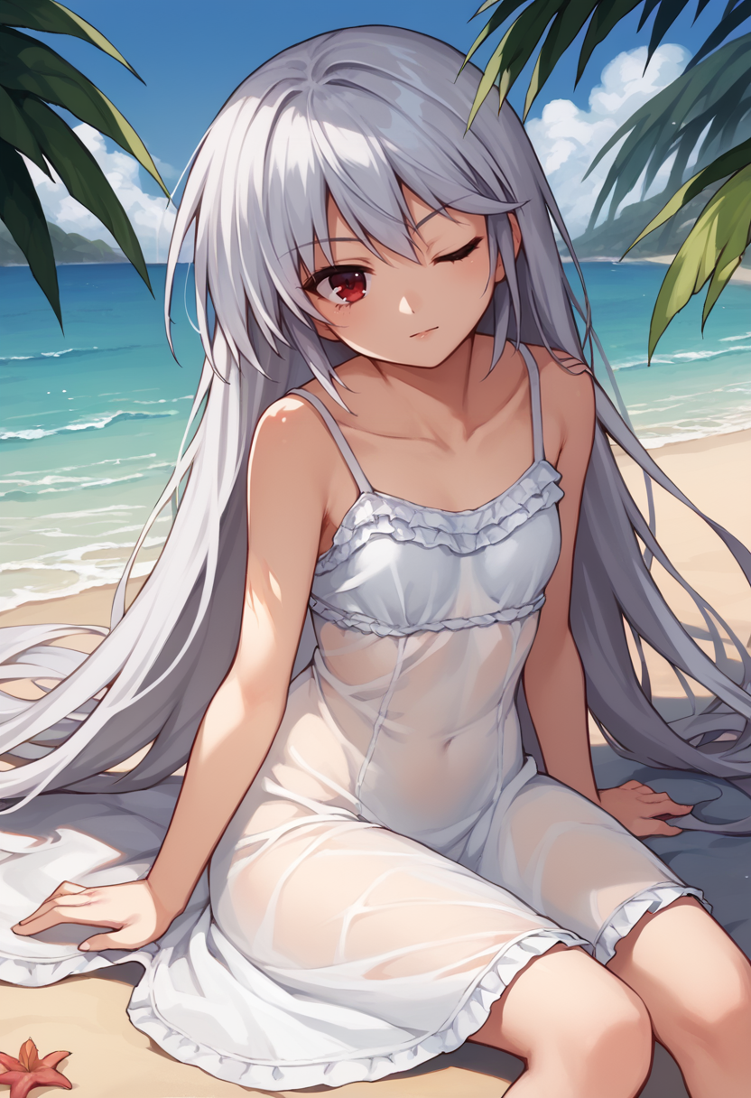 score_9,  score_7_up,   1girl, Kazuki, silver hair, long hair, red eyes,  white sundress, beach, one eye closed, looking at viewer, see-through,   <lora:Kazuki Lora-000009:1>