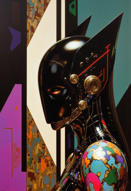A stunning oil painting inspired by Kazimir Malevich’s geometric abstraction and Tamara de Lempicka’s refined elegance, depicting a futuristic woman with an angular, geometric mask composed of sharp, interlocking obsidian shards. Vivid neon-red lines run through the mask like circuitry, creating a striking contrast against her smooth, deep bronze skin. She wears a high-tech bodysuit adorned with bold, structured patterns in radiant hues of magenta, emerald, cyan, fiery gold, and metallic violet, forming a harmonious interplay of color and form. Her jet-black hair, slicked back with platinum streaks, reflects light with a sleek, modern sheen. The background is a striking interplay of deep charcoal, ivory, and vibrant teal geometric patterns, reminiscent of Malevich’s abstract forms, creating a dynamic sense of depth and movement. Sharp angles and structured shapes interlock in a rhythmic composition, giving the illusion of shifting space while maintaining a futuristic yet classical balance. The soft, painterly lighting enhances the reflective qualities of her mask and attire, while the composition balances precision with expressive brushstrokes, merging futuristic abstraction with timeless sophistication.