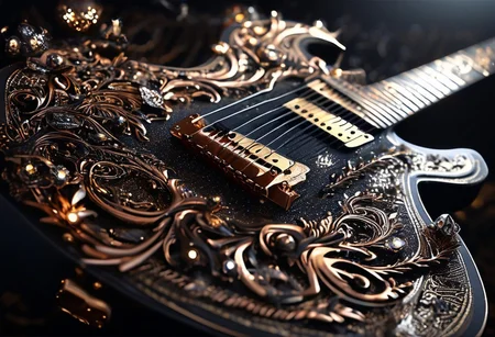 RAW photo of a very detailed reflective guitar with whimsical elements, dark studio, magical glowing podium, the rom is dark, only light of source is the guitar, reflective enviroment, spot lights, fantasy style, 90% black and 10% gold colors, big white diamonds on the guitar, strong depth of field, darkness, dramatic light, dusty black theme, intricate details, ultra sharp, exquisite detail, flawless composition, vivid colors, masterpiece, exciting background, timeless elegant and Exquisite Copper Ornaments