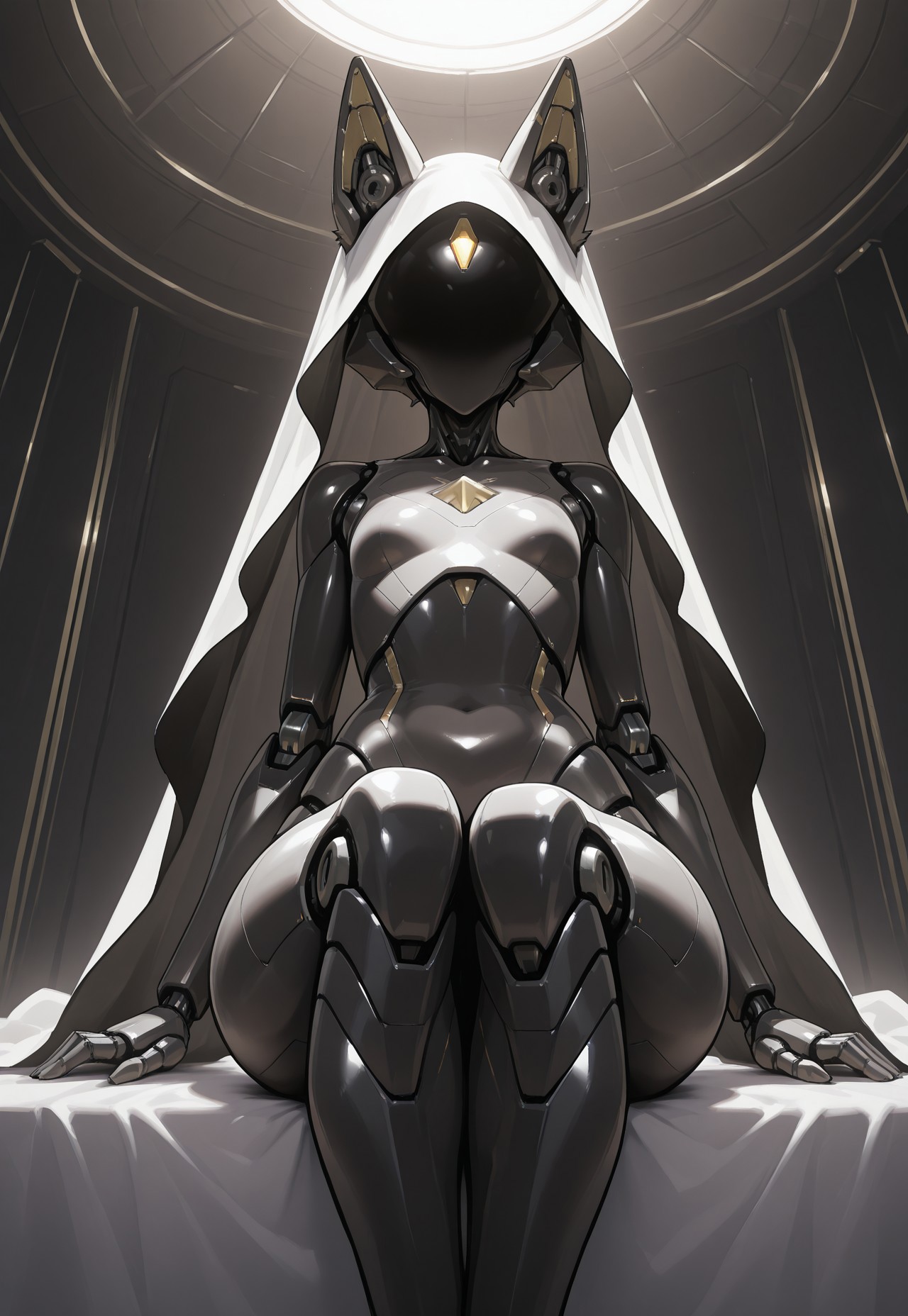 safe_pos, masterpiece, raw, best quality, highres, solo, Sent1nel, Faceless, furry android, veil, young, from below, sitting, legs up, 