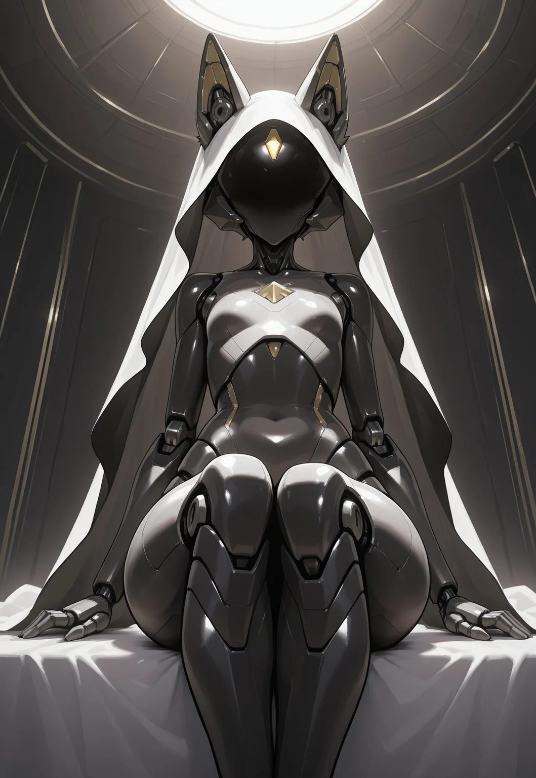 safe_pos, masterpiece, raw, best quality, highres, solo, Sent1nel, Faceless, furry android, veil, young, from below, sitting, legs up,