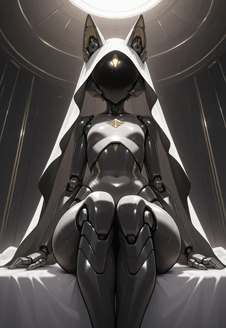 safe_pos, masterpiece, raw, best quality, highres, solo, Sent1nel, Faceless, furry android, veil, young, from below, sitting, legs up, 