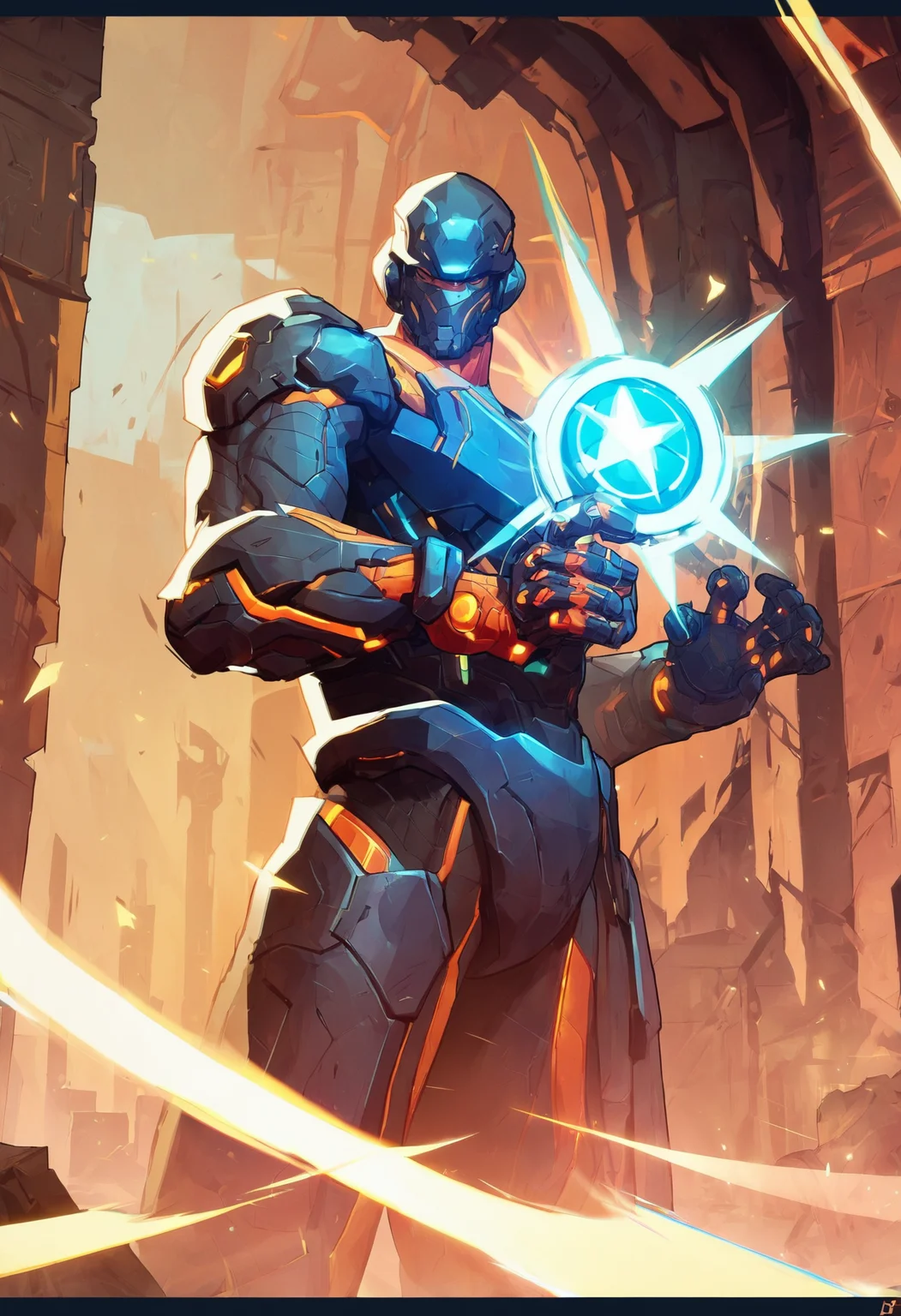 score_9, score_8_up, score_7_up, score_6_up, 1boy, armored, big boy, helmet, smile, holding sword, looking at viewer, cowboy shot, smile, wide shot, solo, hands at side, ruins, cyberpunk, techno,
,MarvelRivals, <lora:AMarvelRivals_style:1>, cartoon, aura, dutch angle, <lora:HandFixer_pdxl_Incrs_v1:0.3>, handfixer,