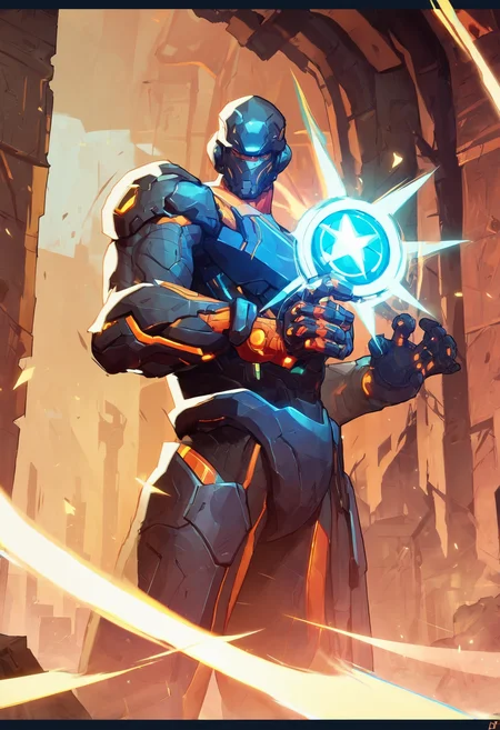 score_9, score_8_up, score_7_up, score_6_up, 1boy, armored, big boy, helmet, smile, holding sword, looking at viewer, cowboy shot, smile, wide shot, solo, hands at side, ruins, cyberpunk, techno,
,MarvelRivals, <lora:AMarvelRivals_style:1>, cartoon, aura, dutch angle, <lora:HandFixer_pdxl_Incrs_v1:0.3>, handfixer,