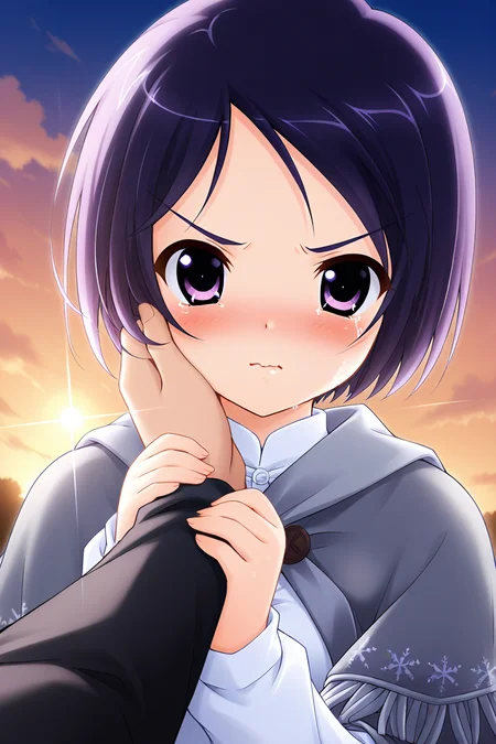 masterpiece, best quality, absurdres, official art, official style, rating general BREAK <lora:katsurazawahonami_IL_v1-2:0.7>, katsurazawa honami, 1girl, solo, purple eyes, purple hair, short hair, bob cut, parted bangs, swept bangs, small breasts BREAK blush, holding hands, solo focus, tears, pov, lens flare, out of frame, frown, looking at viewer, 1boy, pov hands, wavy mouth, from below, close-up, hand grab, night, upper body, sunset, hand on another's face, 3:, sun, long sleeves, angry, night sky, cloudy sky, twilight, hetero, closed mouth, outdoors, v-shaped eyebrows, hand on another's cheek, interlocked fingers, portrait, embarrassed, diffraction spikes, grey capelet, buttons, fringe trim, winter clothes, white shirt, snowflake print, serious, glowing on backlight, grey cape