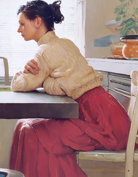 score_9, score_8_up, score_7_up, score_6_up, score_5_up, score_4_up, norman rockwell style BREAK 1girl, solo, sitting on chair at kitchen table, shoulder-length hair, bangs, black hair, long sleeve sweater, long skirt, arms crossed, close up, detailed, looking to the side