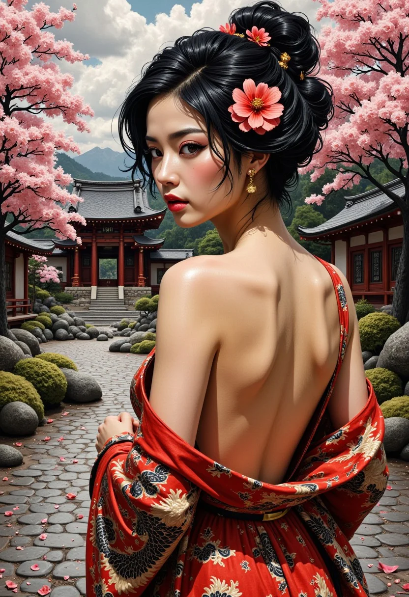 art deco oil painting, rough, textural, broad brush strokes, of an oriental woman in a loose sleeveless, backless silk dress with oriental dragon designs, showing ample sideboob, flower in hair, sidelocks, sakura trees and petals, shinto temple