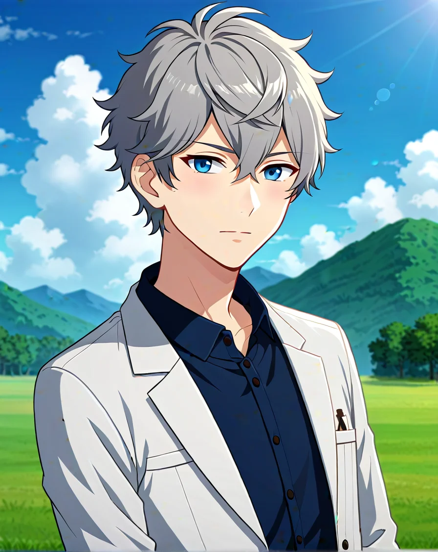 <lora:quality1:1>, score_9, score_8_up, BREAK, rating_safe, 1boy, solo, male focus, <lora:sena_izumi_ponyy:0.8>, sena_izumi_pony, grey hair, blue eyes, short hair, hair between eyes, bangs, curly hair, cowboy shot, standing, outdoors, looking at viewer, <lora:Pony_DetailV2.0:1> <lora:xl_more_art-full_v1:1> <lora:Lightning-8:1>