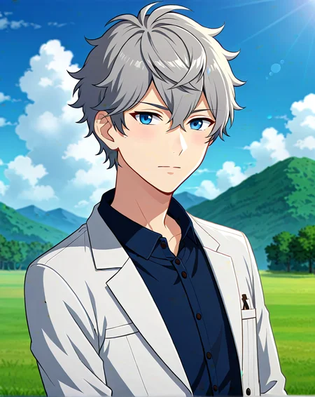 <lora:quality1:1>, score_9, score_8_up, BREAK, rating_safe, 1boy, solo, male focus, <lora:sena_izumi_ponyy:0.8>, sena_izumi_pony, grey hair, blue eyes, short hair, hair between eyes, bangs, curly hair, cowboy shot, standing, outdoors, looking at viewer, <lora:Pony_DetailV2.0:1> <lora:xl_more_art-full_v1:1> <lora:Lightning-8:1>