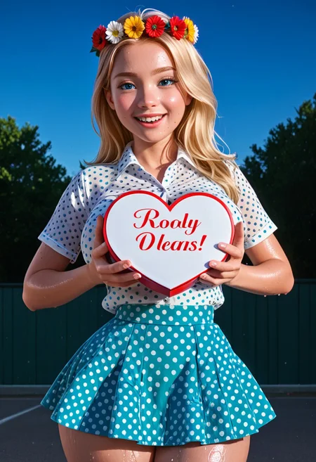 score_9, score_8_up, score_7_up, realistic, realism, HD, perfect quality, 16k, very detailed, realistic lighting, photo, photorealistic, realistic detailed face, BREAK, 1girl, (((equestria girls show:0.3))), (((good_hands))), (((bedroom eyes, (light smile:0.5)))), BREAK, (Riley_Andersen, 1girl, skinny, ((blonde hair:1.5)), blue eyes, mint hairpin, veiny breasts), eye_focus, ((huge breasts, huge ass)), (bedroom eyes), (wide hips:1.4), (sweaty skin:1.3), looking at viewer, nervous, seductive, sensual, medium body size, slightly small neck, plumb body, voluptuous hips and thighs, curvy body size, microwaist, (obese female:-1.2), (plump saggy breasts:1.2), (((dressed))), (feminine body, soft body:1.5), (((clothed covered breasts))), BREAK, (floral crown), (white shirt), (polka-dot_shirt), (white skirt), (polka-dot_skirt), BREAK, <lora:heart-shaped-box-ponyxl-lora-nochekaiser:1>, heart-shaped box, holding, box, gift, valentine, incoming gift, closed eyes, blush, open mouth, outstretched arms, outdoors, night sky, clouds, shouting, classroom, serafuku