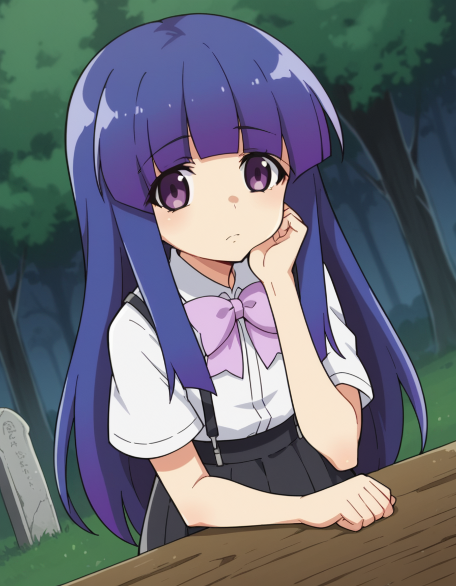 score_9, score_8_up, score_7_up, source_anime, <lora:rika-furude-s4-ponyxl-lora-nochekaiser:1>, rika furude, long hair, bangs, blue hair, purple eyes, blunt bangs, purple hair,, skirt, shirt, bow, school uniform, white shirt, short sleeves, pleated skirt, bowtie, black skirt, suspenders, pink bow, suspender skirt,, graveyard, tombstones, dark, trees, eerie, , sitting, elbow rest, table,, looking at viewer, solo,, dutch angle, cowboy shot