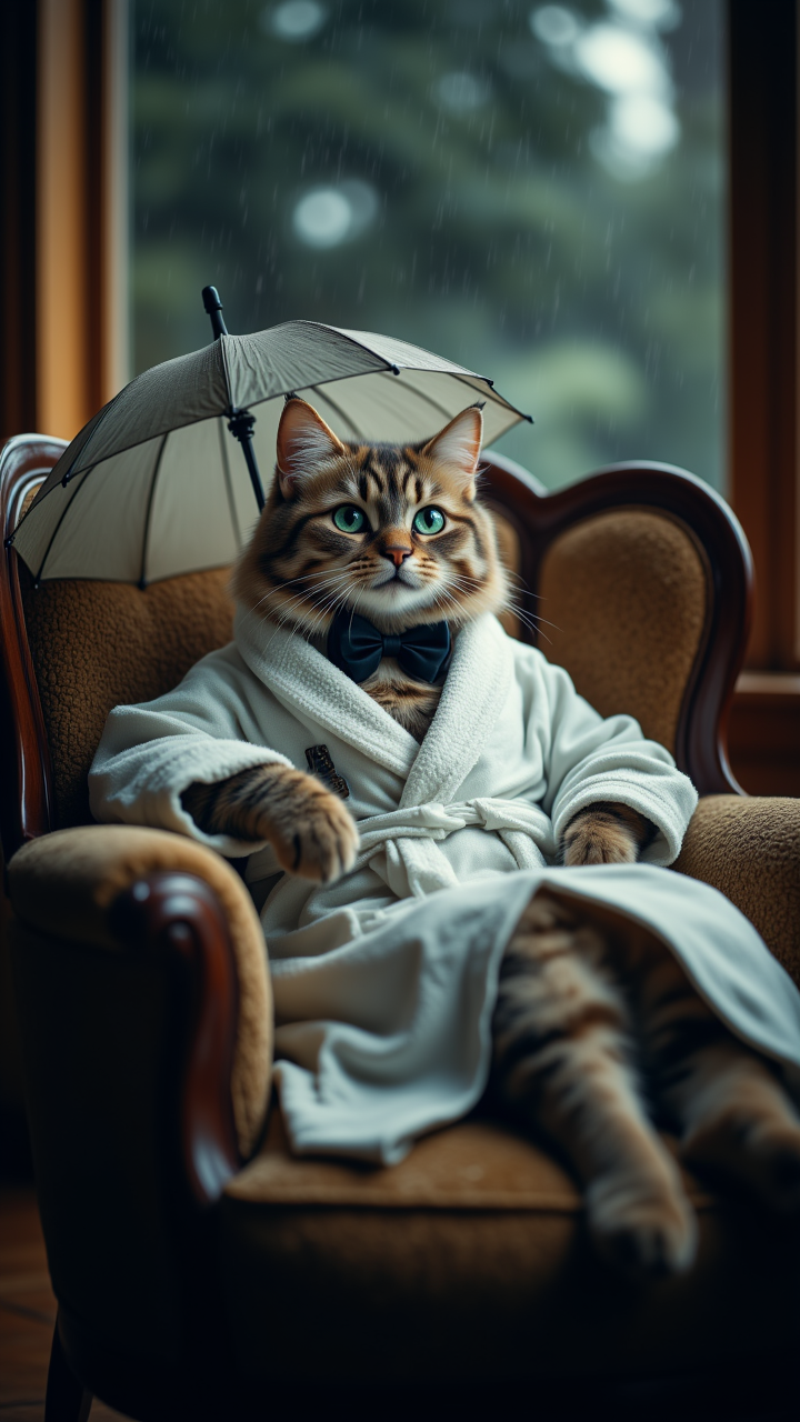 photograph, A sleek Japanese tabby cat with piercing green eyes and a black bow tie lounges on a plush armchair, wearing a white robe and holding a small umbrella. Stormy weather, moody lighting, Canon R5, 80mm, aidmaMJ6.1, aidmafluxpro1.1, aidmaimageupgrader