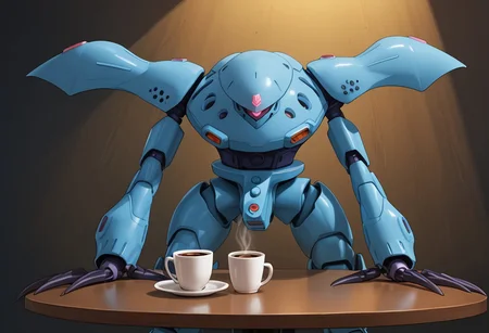 score_9, score_8_up, score_7_up, source_anime, front view, BREAK, ( hygogg, blue_hygogg_armor, pink monoeye, from side, looking at viewer, long arms, very long arms, long claws) 1mech, blue mech, wide mech, large shoulders, large shoulder armor, mech focus, solo, BREAK, two arms, at table, cup of coffee,