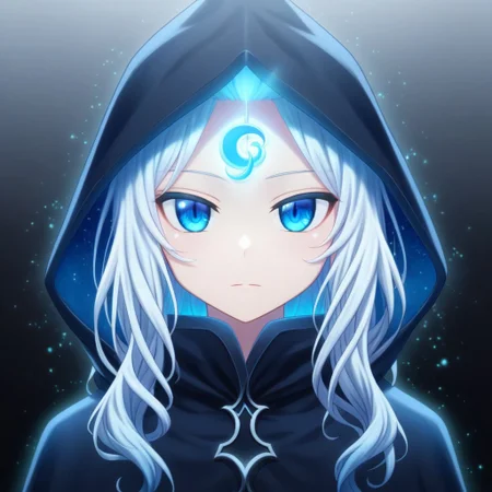 mana_sk style, portrait, focus on face, a mysterious lunar priestess girl with long silver hair and glowing pale blue eyes, wearing a dark hood embroidered with crescent moons and stars, a serene and enigmatic expression, soft moonlight casting a gentle glow on her features, Japanese RPG style, tranquil and sacred atmosphere, intricate details on her hood and the moonlight effects