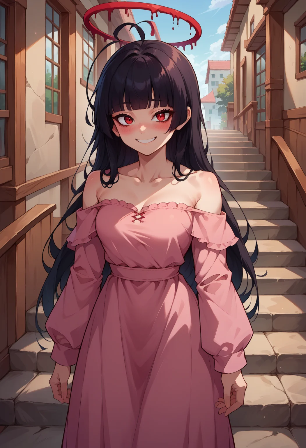 score_9, score_8_up,score_7_up, source_anime, 1girl, solo, <lora:EPbaTsurugi_epoch_8:0.8>, EPbaTsurugi, black hair, long hair, red eyes, blunt bangs, halo, ahoge,  bare shoulders, collarbone, off-shoulder dress, long sleeves, long dress, pink dress, cowboy shot, smile, seductive smile, blush, stairs,