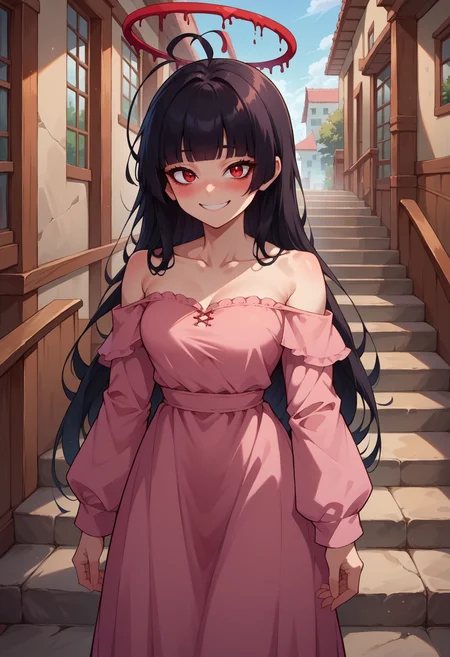 score_9, score_8_up,score_7_up, source_anime, 1girl, solo, <lora:EPbaTsurugi_epoch_8:0.8>, EPbaTsurugi, black hair, long hair, red eyes, blunt bangs, halo, ahoge, bare shoulders, collarbone, off-shoulder dress, long sleeves, long dress, pink dress, cowboy shot, smile, seductive smile, blush, stairs,
