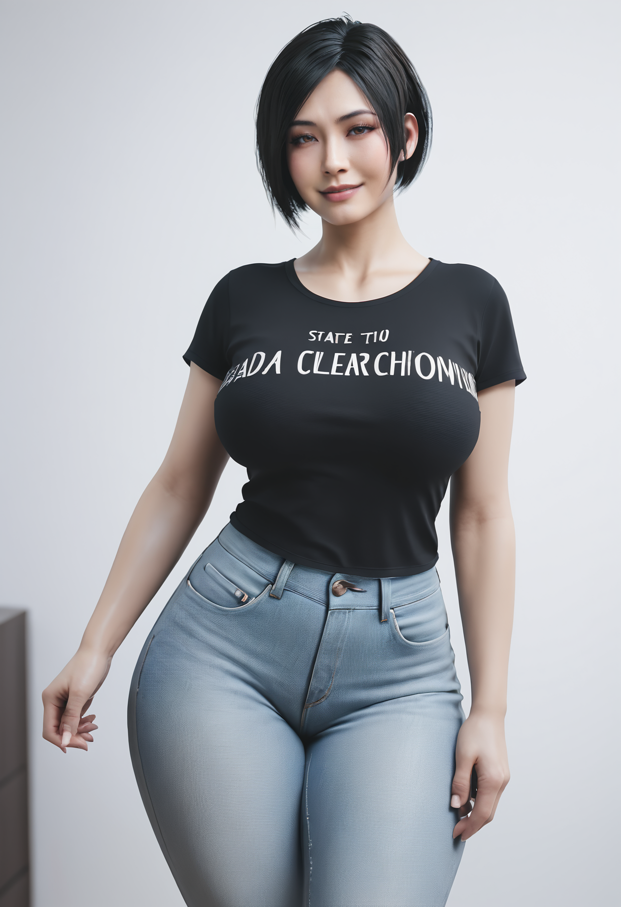 score_9, score_8_up, score_7_up, realistic,
1girl,
standing, 
looking at viewer, light smile, half-closed eyes, blush, 
Ada_Wong_StevenCarson_SKNSFW, short hair, black hair, brown eyes, 
large breasts, thick thighs, 
t-shirt, skindentation, 
jeans, 
white background, 
 <lora:Ada_Wong_StevenCarson_SKNSFW:0.7>