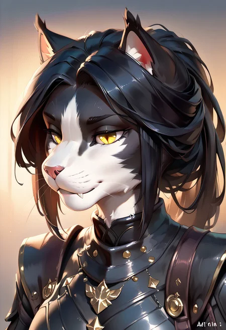 masterpiece, score_9, score_8_up, score_7_up, score_6_up, source_furry, (side view:0.3), (beautiful yellow eyes), anthro, furry, 1girl, 3mb3r, feline, black armor, black and white fur, detailed face, detailed eyes, black hair, tail, animal ears, close-up portrait, expressive and confident look, soft lighting, clean and elegant background with subtle gradient, intricate fur and hair details, focused and balanced composition, vibrant and harmonious color palette