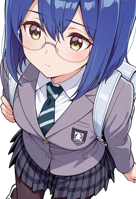 masterpiece,high quality details,absurdres,
<lora:Mamiya_Kanoko:0.8>
kanoko_cnr, 1girl, blue hair,medium hair,hair between eyes,
kanoko_s2,collared shirt, grey jacket, striped necktie,plaid skirt, pleated skirt,black pantyhose,glasses, backpack, uwabaki,, simple background, white background, dutch angle,solo,, x3,