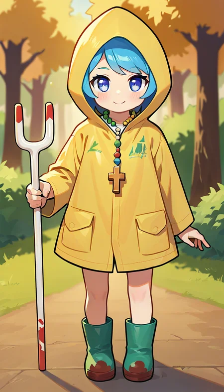 score_9,score_8_up,score_7_up,score_6_up BREAK official art,1girl,solo,outdoors,cowboy shot,looking at viewer,facing viewer,smile,blush,chibi,Luce,short hair,blue hair,swept bangs,blue eyes,jewelry,beads,cross necklace,hood up,yellow raincoat,white shirt,long sleeves,pocket,holding staff,rubber boots,green footwear,red footwear,<lora:Luce(jubilee_2025)-Pony:1.6>,