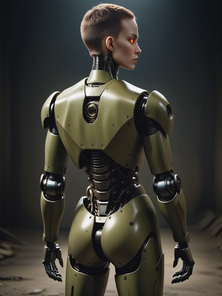 (((photo focus on chiaroscuro, dark dim scene of cinematic realism film scene still of a khaki paint, from back, (techmaker robot:1.5) power armor, looking at viewer, glowing , mechanization cyberpunk, latex, robot joints, (biker style:1.4), dark background, orange eyes, . 35mm f1.8 Macro, chiaroscuro key visual, beefy, (wearing stainy shredded rugged torn military tshirt:1.5) simple background, by, form, dark background, nightcold theme,( light hologram bodysuit:1.3)
<lora:TechMaker_v1-e6:1>, grit, (rust:0.65), cracks, cracked surface, subtle messy, dust, weary, edges rusty dusty, surface scratches, peeled sun bleeched paint, smudges, crumbles, rugged, used, color photo, atmospheric, light and shadow, crepuscular, slight athmospheric mist, film, professional, 4k, highly detailed))) !
