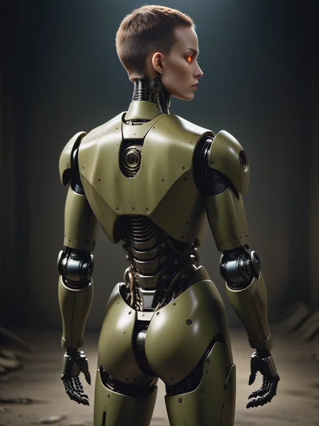 (((photo focus on chiaroscuro, dark dim scene of cinematic realism film scene still of a khaki paint, from back, (techmaker robot:1.5) power armor, looking at viewer, glowing , mechanization cyberpunk, latex, robot joints, (biker style:1.4), dark background, orange eyes, . 35mm f1.8 Macro, chiaroscuro key visual, beefy, (wearing stainy shredded rugged torn military tshirt:1.5) simple background, by, form, dark background, nightcold theme,( light hologram bodysuit:1.3)
<lora:TechMaker_v1-e6:1>, grit, (rust:0.65), cracks, cracked surface, subtle messy, dust, weary, edges rusty dusty, surface scratches, peeled sun bleeched paint, smudges, crumbles, rugged, used, color photo, atmospheric, light and shadow, crepuscular, slight athmospheric mist, film, professional, 4k, highly detailed))) !