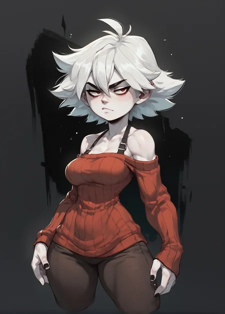 white skins, spiky red short tomboy hair, neutral expression, tight sweater, <lora:NAHIRI:1> nahiri, 1girl, solo, short hair, breasts, bare shoulders, white hair, colored skin,  <lora:Huffslove_Style_PonyXL:1> shortstack, source_anime, score_9_up,  score_7_up, score_8_up
