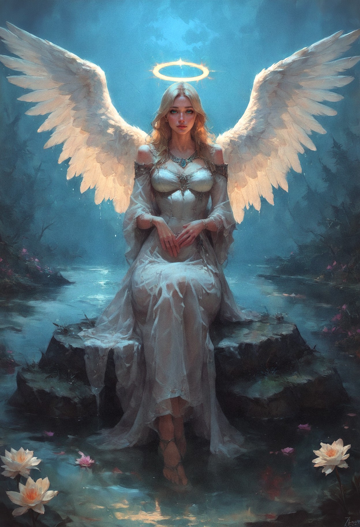 score_9, score_8_up, score_7_up, score_6_up, score_5_up, score_4_up,  1girl angel with 2 large angel wings and a halo, perfect curves, wearing a white angelic dress, suggestive pose, romantic, solo, detailed eyes, looking at viewer, standing, forest, nature, forest meadow, beautiful, looking at viewer, beautiful green eyes, medium breasts, fantasy, from front, romantic, sunset, (blonde hair, mid parted hair, straight hair, long hair:1.2), pronounced blush, d4rk01l  BREAK sitting on a rock, lake, water, flowers  <lora:sdxl\Concept Art Twilight Style SDXL_LoRA_Pony Diffusion V6 XL:0.8> <lora:sdxl\vixon_pony_oil:0.7>