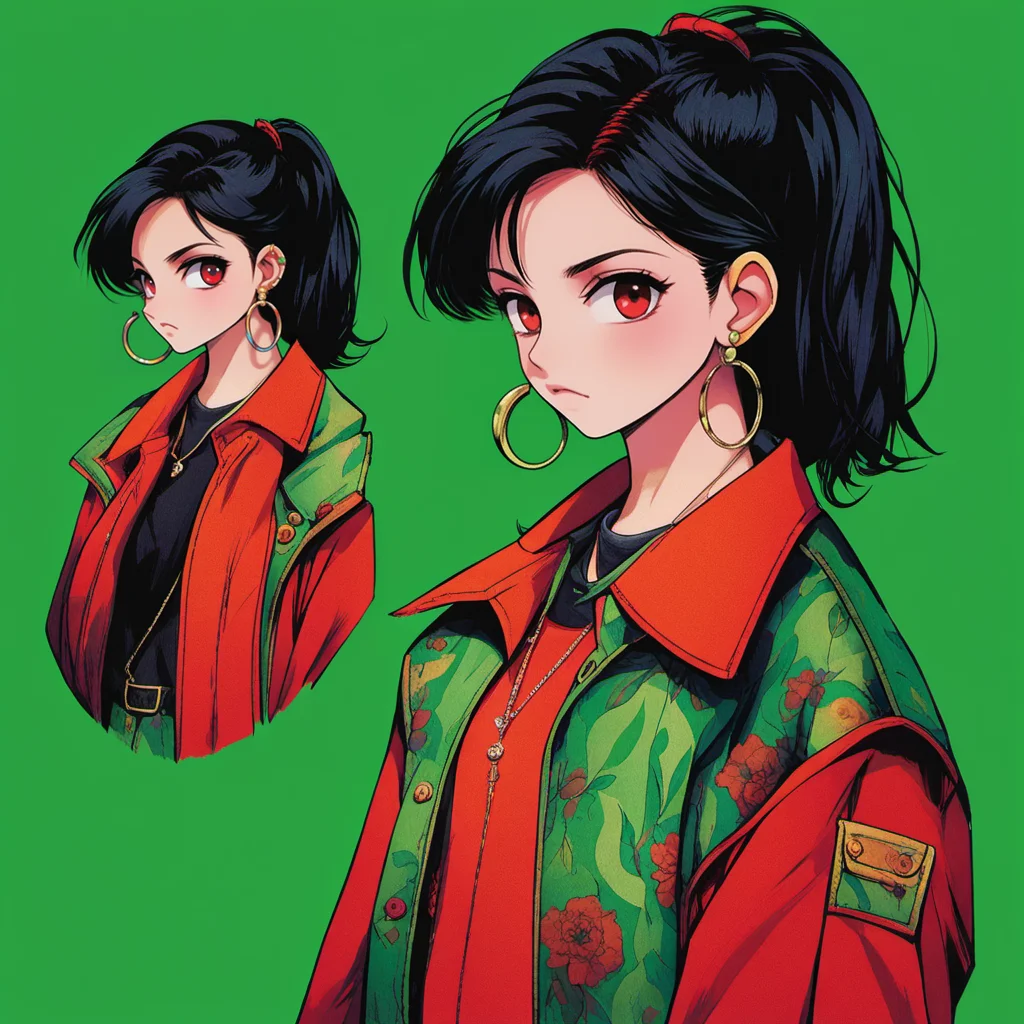 <lora:yingbo:0.9>,mn,1girl,solo,black hair,jewelry,long hair,earrings,shirt,hoop earrings,piercing,looking at viewer,upper body,simple background,collared shirt,red eyes,ear piercing,green jacket,jacket,red background,orange background,necklace,print shirt,