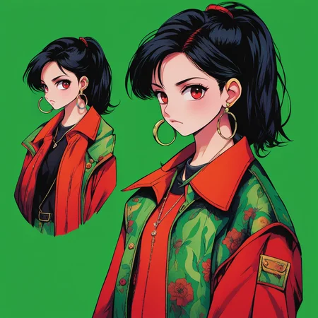 <lora:yingbo:0.9>,mn,1girl,solo,black hair,jewelry,long hair,earrings,shirt,hoop earrings,piercing,looking at viewer,upper body,simple background,collared shirt,red eyes,ear piercing,green jacket,jacket,red background,orange background,necklace,print shirt,
