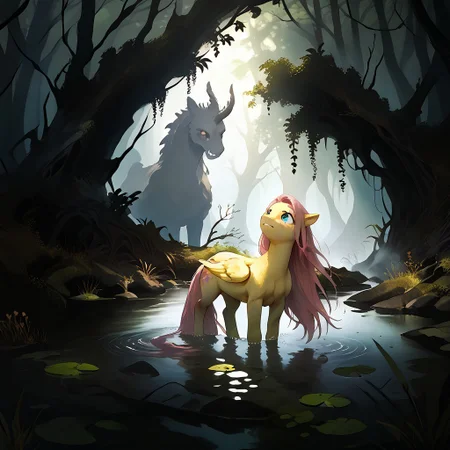 score_9, score_8_up, score_7_up, score_6_up, score_5_up, score_4_up, counterlight, soft light, soft shadows, morning, d3t41l3d, Expressiveh BadDream, 4k,8k,Ultra HD,Masterpiece,Best quality,Detailed,Detailed background, expressive eyes, tiny, my little pony, (((feral))), nude, fluttershy, scared, ((cute)), (((fur))), animal, swamp, dark forest, dark fantasy, 80s dark fantasy, dark, fog, mist, terror, green color palette, obscure.
