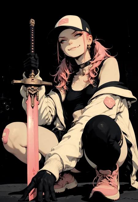 masterpiece, detailed_eyes, high_quality, best_quality, highres, absurdres, 8k, subject_focus, depth_of_field, flat color,, 
a girl is sitting with bent knees while shouldering a large sword with blue eyes on it, 1girl, weapon, sword, solo, hat, jacket, holding, holding weapon, long hair, holding sword, squatting, earrings, gloves, jewelry, looking at viewer, baseball cap, blue eyes, dynamic pose, foreshortening , detailed shadows, cinematic lighting, sango, aacoral, multicolored hair, pink hair, twintails, hair ornament, bandaid, black eyes, smirk, fang, choker, off shoulder, black shirt, long sleeves, sleeves past wrists, midriff, belt, black skirt, asymmetrical legwear, single leg pantyhose, dutch angle. (side view:0.5)
sinozick style, flat color, dark theme, in the style of cksc, illustration, masterpiece, (extremely detailed CG 8k), (very fine 8K CG), (ultra detailed perfect piece:1.2), lat color, no lineart,,(no lineart, flat art style:1.0), NO_LINE_ART, comical, simple,
 <lora:Sinozick_Style_XL_Pony:0.35> <lora:NOOB_vp1_detailer_by_volnovik_v1:1> <lora:ponyv6_noobV1_2_adamW:0.9> <lora:ck-shadow-circuit-IL:1>