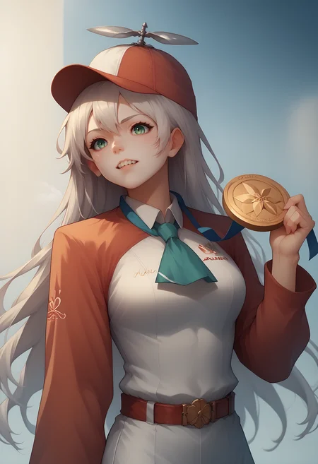 score_9, score_8_up, score_7_up, 1girl, solo, olimedbitepxl, biting into Olympic medal, holding medal, podium, zeroElie, NSHappyCap, wearing NSHappyCap, cap, long hair, ascot, uniform, long red sleeves, white dress, pencil skirt, belt <lora:olimedbitepxl:0.9> <lora:elie-pdxl-nvwls-v1:1> <lora:NSHappyCap:1>