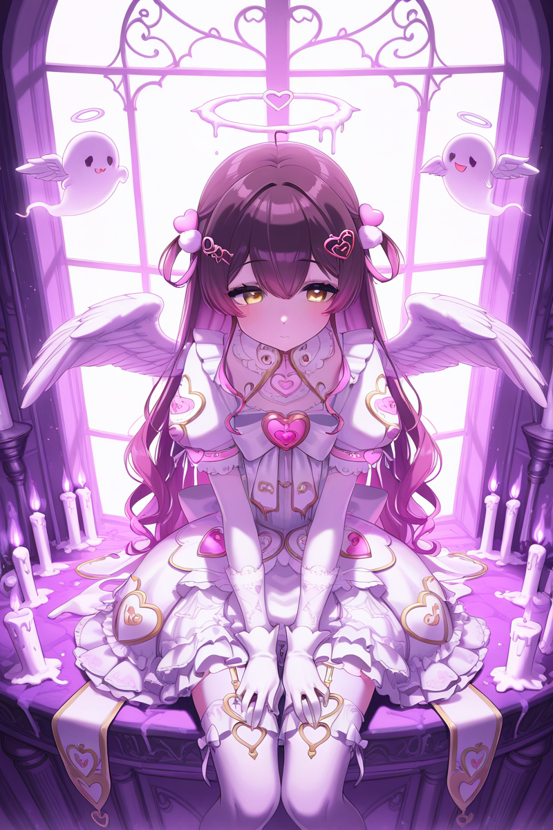 masterpiece, best quality, amazing quality,
 <lora:Muni_IL:1> muni, 1girl, wings, gloves, virtual youtuber, dress, long hair, halo, angel wings, yellow eyes, solo, ghost, thighhighs, white gloves, hair ornament, sitting, candle, heart