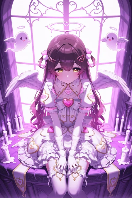 masterpiece, best quality, amazing quality,
<lora:Muni_IL:1> muni, 1girl, wings, gloves, virtual youtuber, dress, long hair, halo, angel wings, yellow eyes, solo, ghost, thighhighs, white gloves, hair ornament, sitting, candle, heart