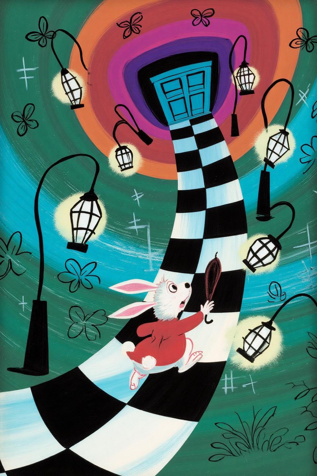 maryblair2 illlustration.
A black-and-white checkered path curves upward toward a tunnel with a blue door. Two lamp posts with hanging lanterns flank the path. A white rabbit, its back to the viewer, in a red coat runs along the path holding a closed umbrella. The background has green, blue, and orange with stylized butterflies.
 <lora:maryblair3_cap_d6a3e9:1.0><lora:855885610395674233:0>