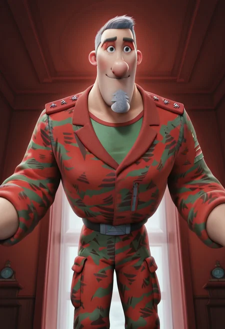 Cartoon source, High Quality, perfect anatomy, amazing art, LineArt, Master piece, Nice art, Steve Claus, 1boy, solo, Mature man, Mature man, gray hair, short hair, black eyes, big nose, eyebrows, goatee, Christmas tree goatee, facial hair, gray hair, Big pecs, Big chest, military uniform, dynamic pose, dynamic view, dynamic expressions, smile, happy, dynamic angle