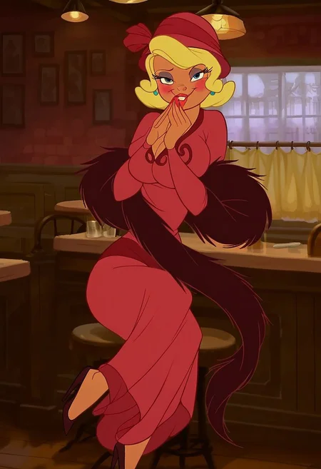 Score_9_up, score_8_up, score_7_up, 1girl, solo, chboeuf, charlotte leboeuf, blue eyes, blonde hair, red flapper dress, red cloche hat, red highheels, lipstick, brown fur scarf, blue earrings , big cleavage, elbow squeeze, breasts squeezed together, looking at viewer, mouth closed, blushing, bar